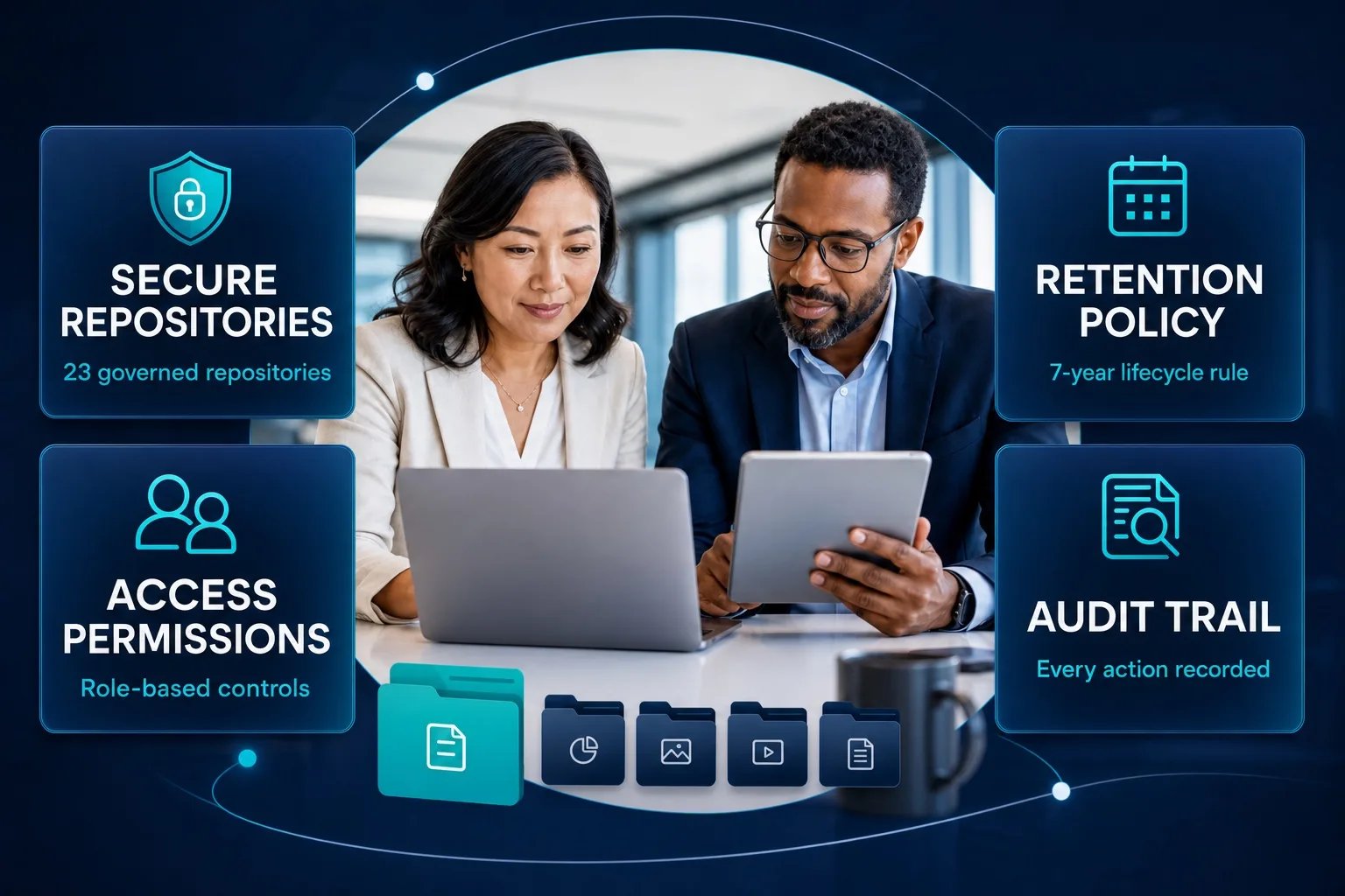 Governed content workspace with secure repositories, permissions, and audit controls