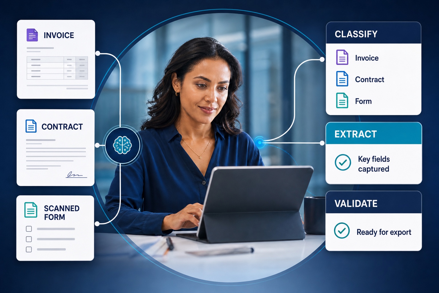 Enterprise documents flowing through AI classification and data extraction