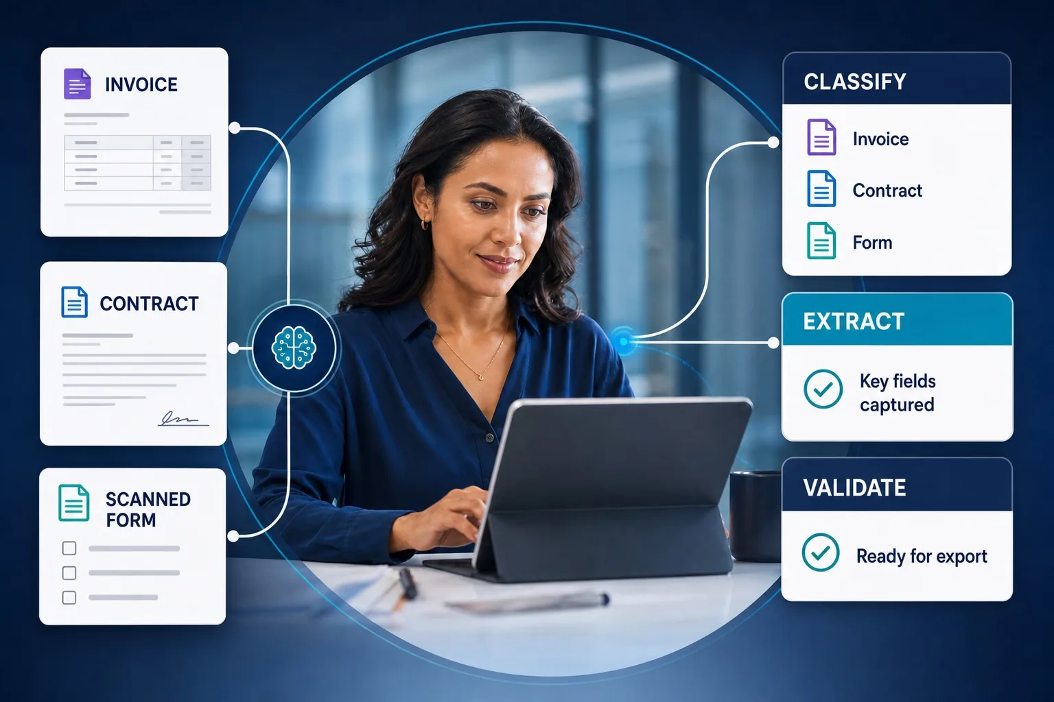 Enterprise documents flowing through AI classification and data extraction