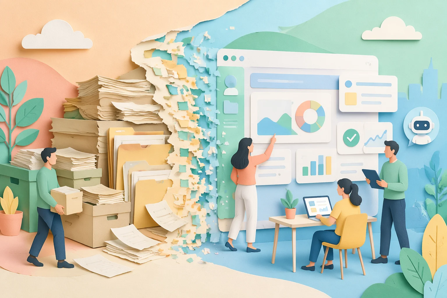Digital Transformation in the AI Era — paper folders transforming into a clean digital interface