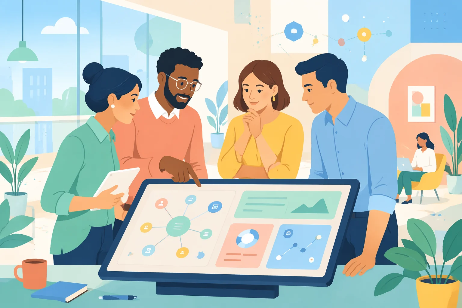 PING: What It Means in Enterprise AI — professionals collaborating around a touchscreen digital interface